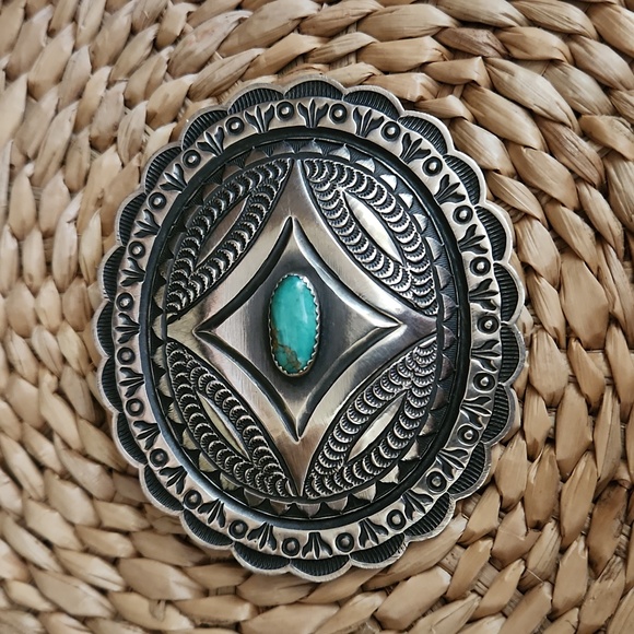Amazing Vintage Native American Navajo Roland Dixon Concho & Turquoise Brooch 💙 - Picture 8 of 12